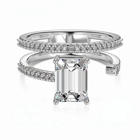 Squisito Anello in Argento Sterling S925 Con Zirconia Taglio Smeraldo per Donna Design Geometrico Traforato a Doppio Strato Gioielli