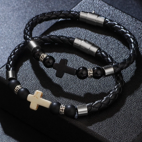 Vintage Men Braided Leather Cross Bracelet Set Stainless Steel Magnetic Clasp Fashion Beaded Jewelry Gift For Men Women