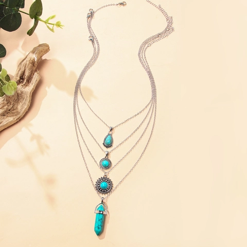 Collar Multicapa Bohemio Vintage de Aleación de Plata con Colgante de Flor Turquesa Joyería Étnica de Playa Para Mujer