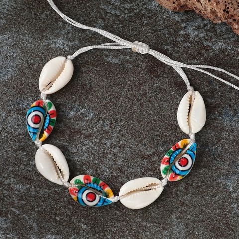 Boho Natürliche Muschel Geflochtenes Armband Bunter Böser Blick Bemalt Verstellbar Handgewebt Strand Schmuck Für Damen Herren