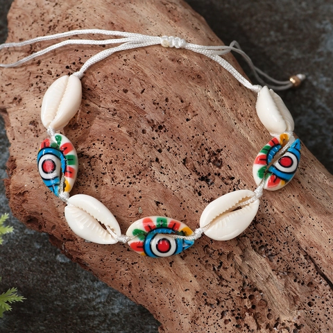 Boho Natürliche Muschel Geflochtenes Armband Bunter Böser Blick Bemalt Verstellbar Handgewebt Strand Schmuck Für Damen Herren