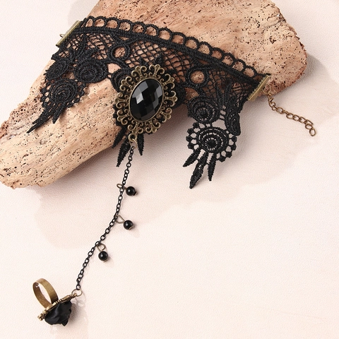 Gothic Schwarz Spitze Armband Mit Ring Vintage Blume Bronze Legierung Künstlicher Edelstein Sklaven Armband Damen Schmuck