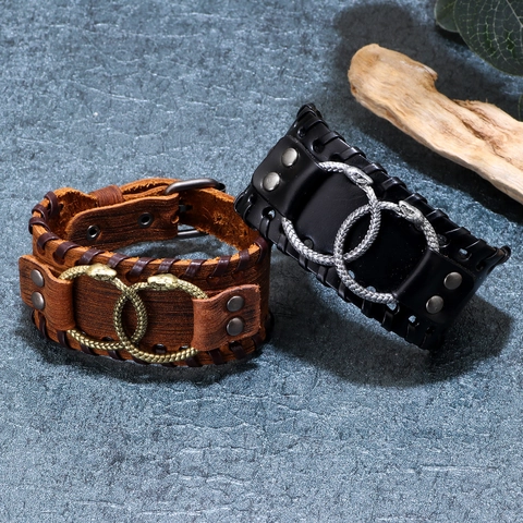 Men's Vintage Wide Leather Bracelet With Intertwined Snake Metal Rings Nordic Viking Punk Adjustable Cuff Jewelry Gift