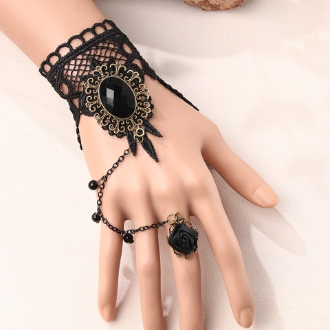 Gothic Schwarz Spitze Armband Mit Ring Vintage Blume Bronze Legierung Künstlicher Edelstein Sklaven Armband Damen Schmuck