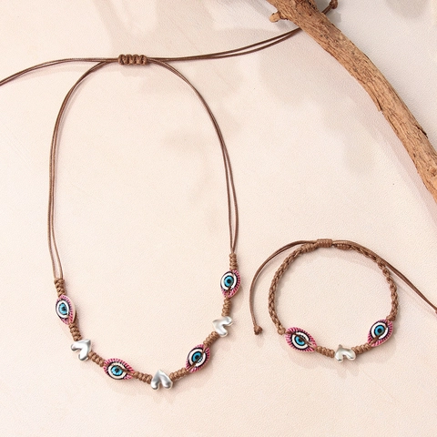 Böhmisches Handgefertigtes Gewebtes Wachsseil Schmuckset Legierung Herz Anhänger Rosa Blaue Evil Eye Perlen Halskette Armband Set
