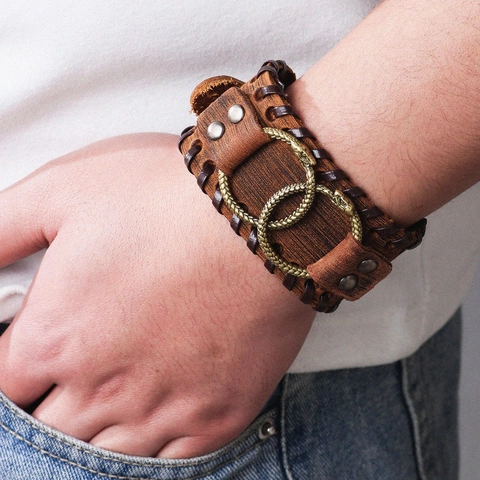 Men's Vintage Wide Leather Bracelet With Intertwined Snake Metal Rings Nordic Viking Punk Adjustable Cuff Jewelry Gift