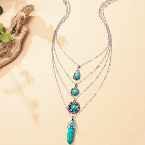 Collar Multicapa Bohemio Vintage de Aleación de Plata con Colgante de Flor Turquesa Joyería Étnica de Playa Para Mujer