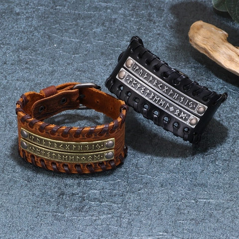 Vintage Nordic Viking Rune Wide Leather Bracelet For Men Women Punk Handcrafted Braided Cuff Wristband Jewelry Gift