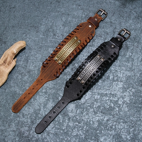 Vintage Nordic Viking Rune Wide Leather Bracelet For Men Women Punk Handcrafted Braided Cuff Wristband Jewelry Gift