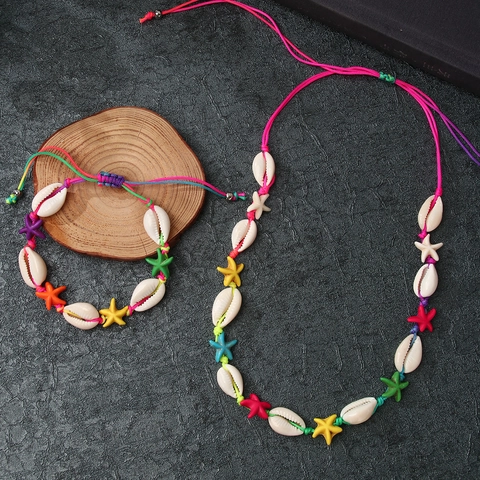 Collana e Bracciale in Conchiglia Bohemian per Donna Ciondoli a Stella in Resina Colorata Corda Intrecciata Regolabile Gioielli