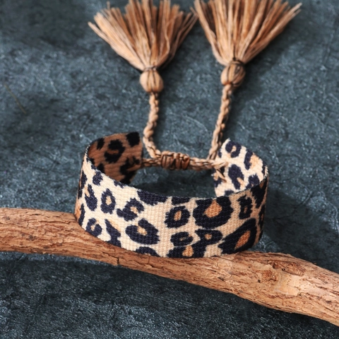 Pulsera de Cuerda Tejida con Estampado de Leopardo Bohemio Con Borlas Joyas de Moda de Estilo Étnico Hechas a Mano Ajustables para Mujer