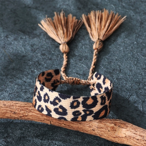 Pulsera de Cuerda Tejida con Estampado de Leopardo Bohemio Con Borlas Joyas de Moda de Estilo Étnico Hechas a Mano Ajustables para Mujer
