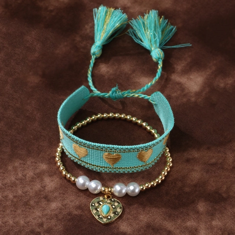 Pulsera Tejida En Capas Bohemia Y Pulsera Cuentas Doradas Aleación Perla Artificial Imitación Turquesa Sintética Colgante Corazón