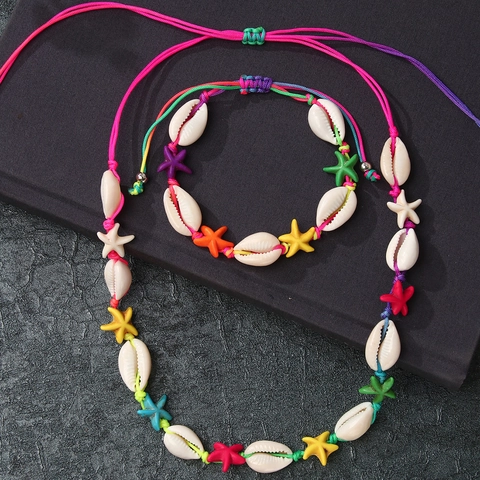 Collana e Bracciale in Conchiglia Bohemian per Donna Ciondoli a Stella in Resina Colorata Corda Intrecciata Regolabile Gioielli