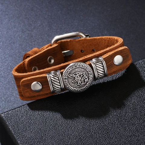 Pulsera de Piel de Vaca Cabeza de Lobo Vikingo Pulsera de Cuero Punk Vintage Ajustable para Hombre Mujer Accesorios Callejeros