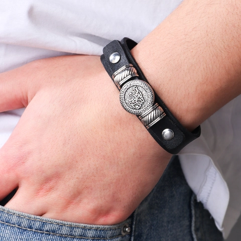 Pulsera de Piel de Vaca Cabeza de Lobo Vikingo Pulsera de Cuero Punk Vintage Ajustable para Hombre Mujer Accesorios Callejeros