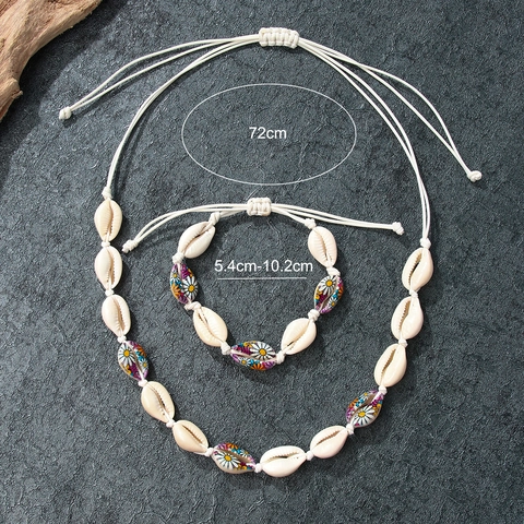Bohemian Natuurlijke Schelp Sieradenset Voor Dames Handgemaakte Geweven Schelp Ketting En Armband Hawaïaanse Strandvakantie Madeliefje Patroon