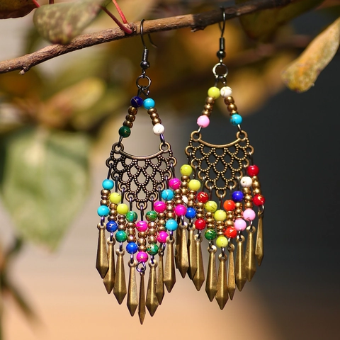 Boho Ethno Vintage Lange Quasten Ohrhänger Für Damen Mehrfarbige Perlen Antik Bronze Legierung Geometrische Anhänger Ohrringe