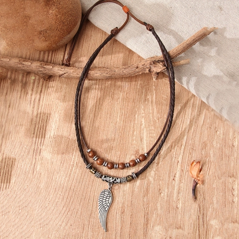 Vintage Doppelreihig Legierung Feder Anhänger Halskette Boho Tribal Verstellbar Lang Kordelkette Modeschmuck Für Damen Herren