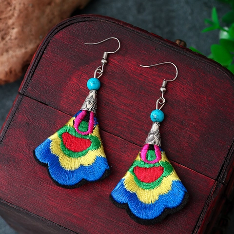 Bohemian Ethnic Fan Shaped Embroidered Dangle Earrings Multi Color Fabric Alloy Jewelry With Artificial Turquoise For Women