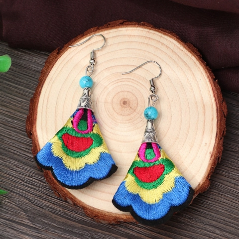 Bohemian Ethnic Fan Shaped Embroidered Dangle Earrings Multi Color Fabric Alloy Jewelry With Artificial Turquoise For Women