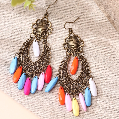 Orecchini Pendenti Bohémien in Lega e Perle di Resina Lunghi Bronzo Vintage Incisi Etnici con Gocce Colorate Gioielli per Donna Vacanza