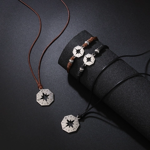 Vintage Legierung Kompass Stern Anhänger Halskette Geflochtenes Wachsschnur Armband Für Herren Damen Unisex Outdoor Schmuck