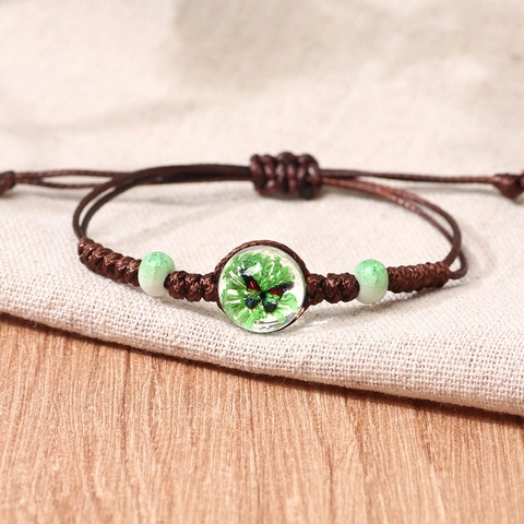 Handgefertigtes Geflochtenes Wachsseil-Armband Mit Transparenter Glaskugel Trockenblume Schmetterling Anhänger Verstellbar Damen Schmuck