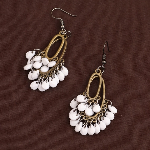 Bohemian Vintage Bronze Drop Earrings With Artificial Pearl White Teardrop Beads Long Tassel Handmade Jewelry For Women