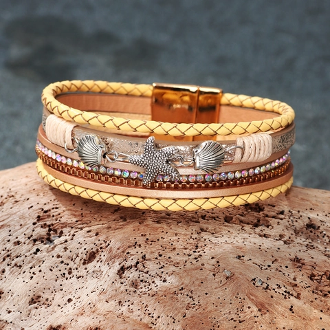 Bohemien Mehrlagiges Lederarmband Strass Seestern Muschel Anhänger Magnetverschluss Strand Schmuck Für Damen Mode