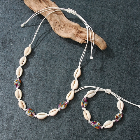 Bohemian Natuurlijke Schelp Sieradenset Voor Dames Handgemaakte Geweven Schelp Ketting En Armband Hawaïaanse Strandvakantie Madeliefje Patroon