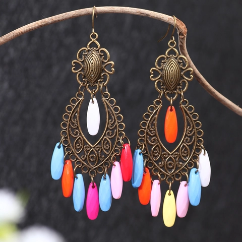 Orecchini Pendenti Bohémien in Lega e Perle di Resina Lunghi Bronzo Vintage Incisi Etnici con Gocce Colorate Gioielli per Donna Vacanza