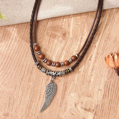 Vintage Doppelreihig Legierung Feder Anhänger Halskette Boho Tribal Verstellbar Lang Kordelkette Modeschmuck Für Damen Herren