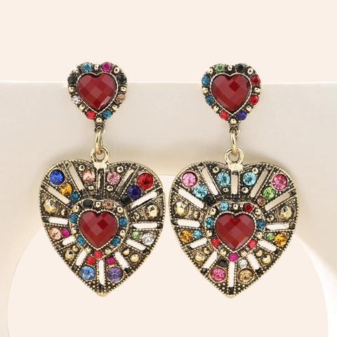 Vintage Baroque Heart Drop Earrings With Multi Color Rhinestones And Stainless Steel Earring Post Red Gemstone Jewelry