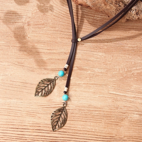 Bohemian Ethnic Long Pendant Necklace With Artificial Turquoise Bronze Hollow Leaf Charm Brown Velvet Cord Vintage Jewelry