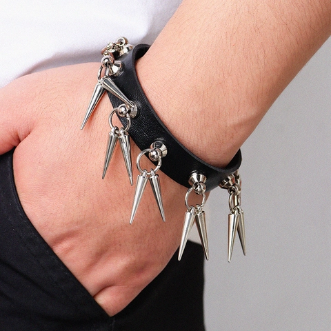 Punk Rock Leder Spike Armband Für Herren Gothic Nieten Stud Manschette Armband Trendy Bühne Schmuck Schwarz Silber Farbe