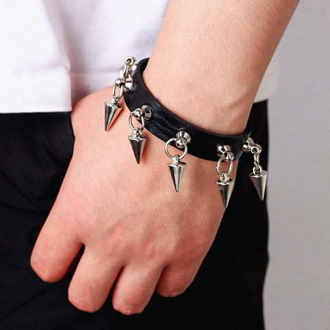 Punk Gothic Faux Leather Bracelet With Stainless Steel Spikes Adjustable Rivet Studded Bangle For Men Women Street Rock Jewelry
