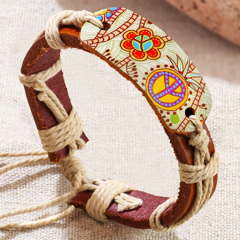 Braccialetto in Pelle Intrecciato a Mano Bohemien Simbolo della Pace Stampa Floreale Regolabile Gioielli Etnici Per Donna Uomo Accessorio