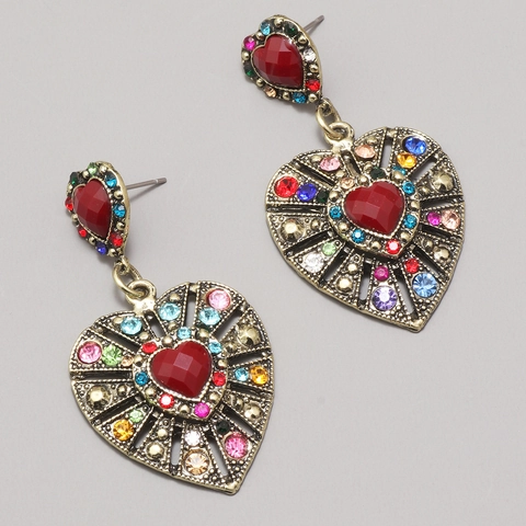 Vintage Baroque Heart Drop Earrings With Multi Color Rhinestones And Stainless Steel Earring Post Red Gemstone Jewelry
