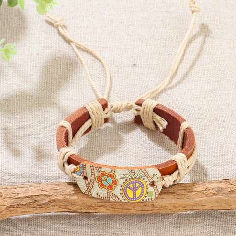 Braccialetto in Pelle Intrecciato a Mano Bohemien Simbolo della Pace Stampa Floreale Regolabile Gioielli Etnici Per Donna Uomo Accessorio