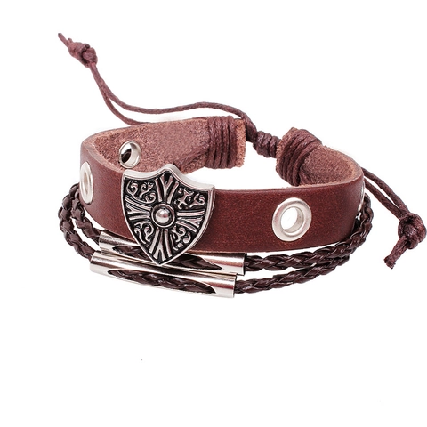 Bracelet Vintage Homme en Cuir de Vache Multicouche Pendentif Bouclier Croix en Métal Tissé Réglable Style Punk Bijoux