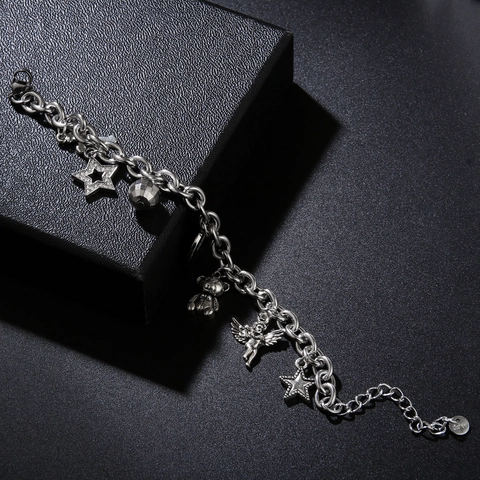 Bracciale Charm Vintage in Acciaio Inossidabile Argento Strass Donna Ciondoli Multipli Orso Stella Croce Angelo Biliardo Punk