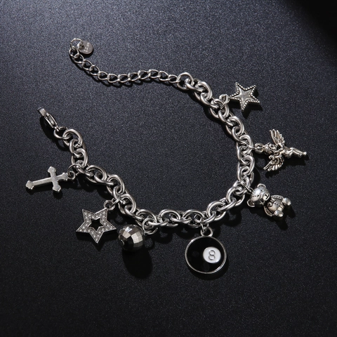 Bracciale Charm Vintage in Acciaio Inossidabile Argento Strass Donna Ciondoli Multipli Orso Stella Croce Angelo Biliardo Punk