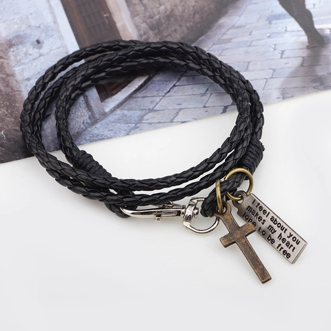 Vintage Kruis Gevlochten Leren Armband Voor Heren Multi-layer Wikkel Rundleer Band Met Metalen Citaat Plaat Etnische Sieraden