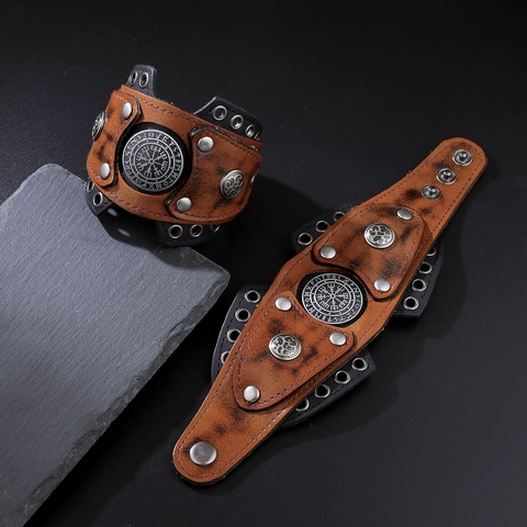 Vintage Viking Leather Cuff Bracelet Punk Rock Compass Cross Wolf Head Life Tree Wide Wrap Wristband Adjustable Men Jewelry