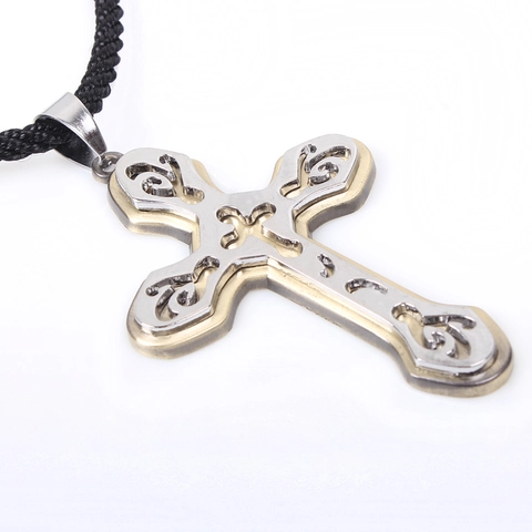 Collar Con Colgante De Doble Cruz Vintage Para Hombre Mujer Aleación Calado Religioso Crucifijo Joyería Cadena Cuerda Negra