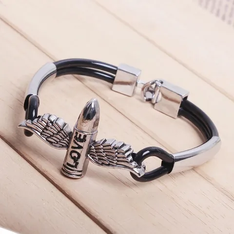 Pulsera Punk de Aleación con Alas y Bala LOVE para Hombre Mujer Cuero PU Negro Doble Tubo Brazalete Joyería de Moda Regalo