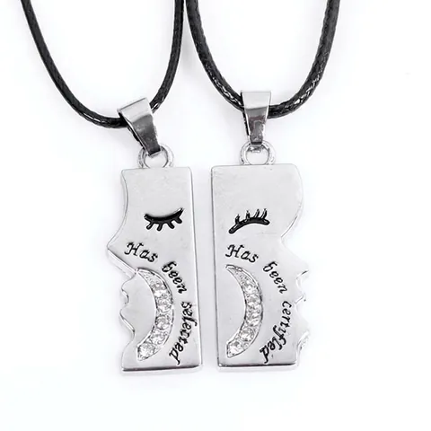 Romantica Collana con Pendente Puzzle per Coppia in Lega con Strass Lettering Has Been Certified Luna Viso Splicing Catena in Corda di Cera Gioielli Regalo Amanti