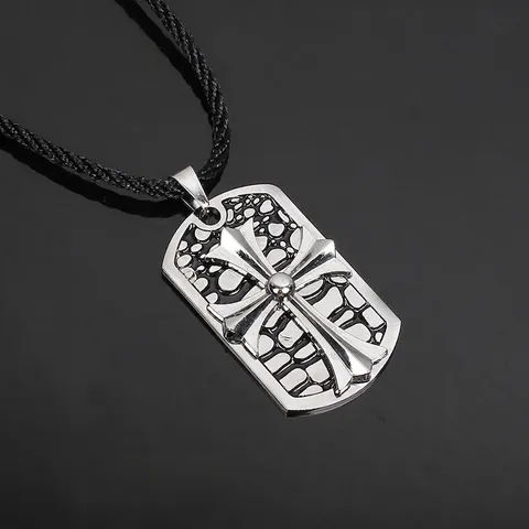 Vintage Titanium Steel Cross Pendant Necklace For Men Gothic Punk Jewelry Religious Distressed Metal Dog Tag Wax Rope Necklace