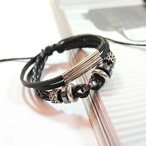 Bracciale Multistrato in Pelle Intrecciata Vintage per Uomo Nero in Pelle di Vacchetta Corda Cerata Bracciale Regolabile con Perline Gioielli